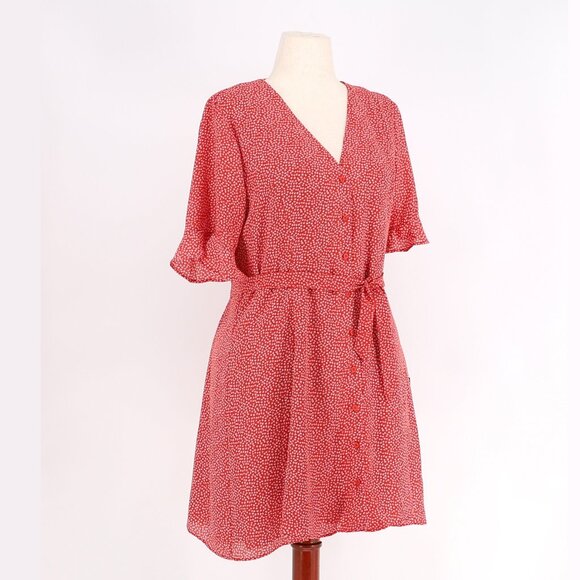 NWT LULUS Castana Rust Red Print Button-Up Mini Micro-Print Dress Size XL - Picture 4 of 9